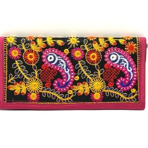 Embroidered Paisley Foldover Clutch Wallet - Pink & Black